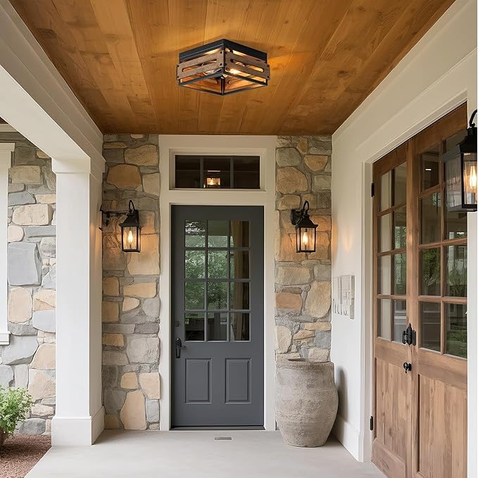MAYNA Farmhouse Ceiling Light, 2-Light Rustic Flush Mount Ceiling Light with Metal and Wood, Farmhouse Hallway Light Fixtures for Kitchen Entryway Bedroom Dining Room