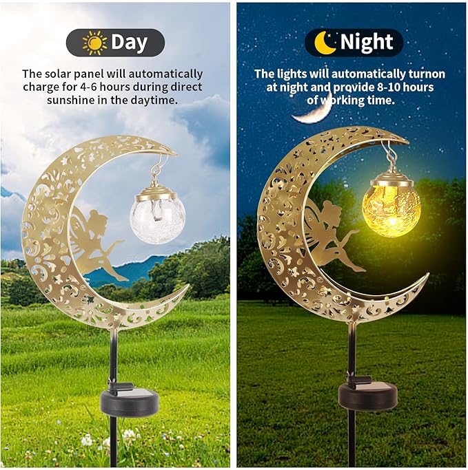Solar Lights Outdoor Waterproof Fairy Moon Crackle Glass Lights with Metal Angel Decor for Walkway Yard Patio or Garden Gifts for Mom Grandma Friends