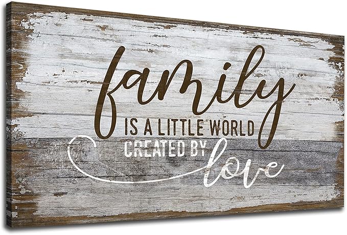 Family Is a Little World Created by Love Canvas Wall Art Rustic Letters Prints Retro Farmhouse Wooden Board Canvas Pictures Wall Decor Vintage Canvas Artwork for Living Room Decoration 24" x 48"