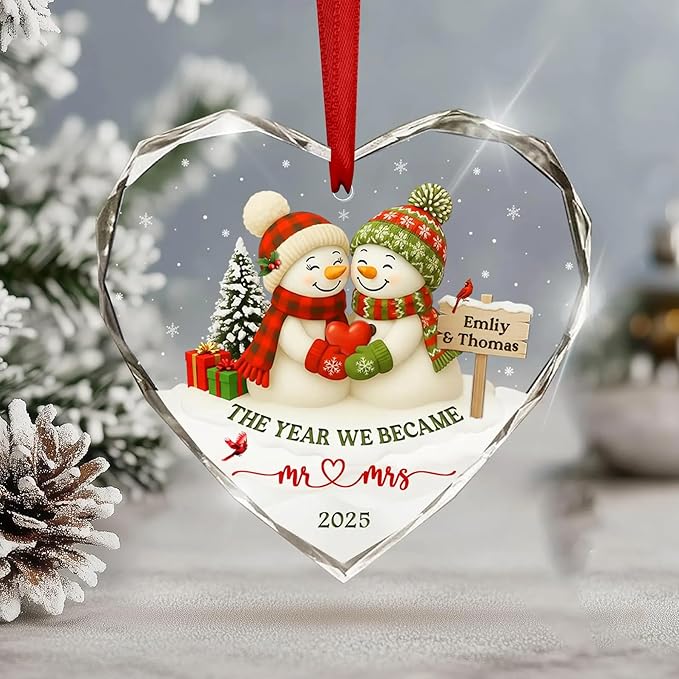 NAZENTI Personalized Snowman Couple Ornament 2025, Custom Glass Christmas Ornaments with Names, Snowman Lovers Holiday Decoration, Romantic Gift for Couples Newlyweds Keepsake 06