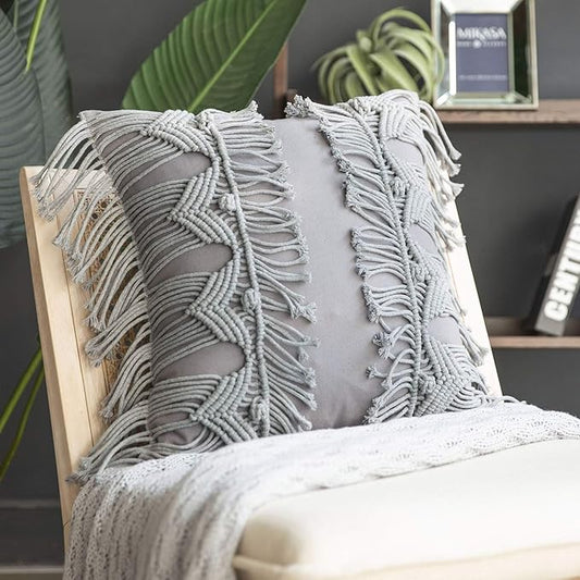 Phantoscope 100% Cotton Handmade Symmetry 3D Crochet Woven Boho Throw Pillow Farmhouse Pillow Insert Included Decorative Cushion for Couch Sofa Grey 18 x 18 inches 45 x 45 cm