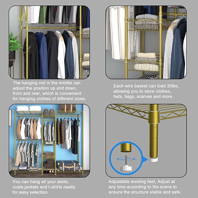 Xiofio 6 Tiers Heavy Duty Clothes Rack, Metal Clothing Rack,Clothing Storage Organizer,Garment Rack with Basket,Hanging Adjustable Garment Rack,65.0" L x 15.7" W x 76.0" H,Max Load 800LBS,Gold