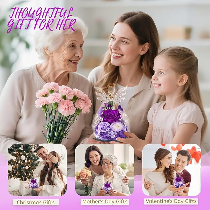Gifts for Women, Christmas Decorations Flowers for Delivery Fresh Bouquet Forever Preserved Flowers Real Rose Angel Figurine Glass, Xmas Decor Gifts for Mom Grandma Wife Sister, Purple