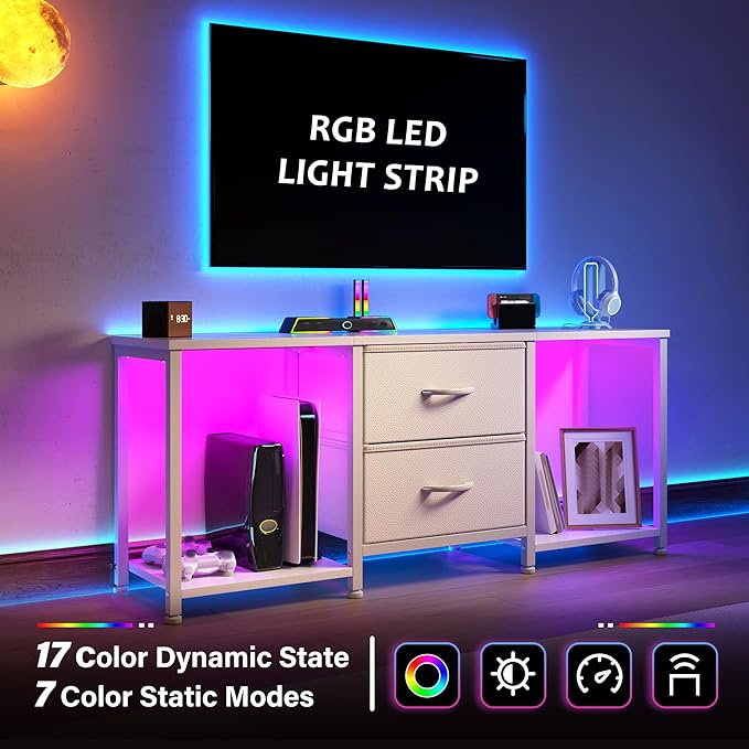 White TV Stand with LED for TVs up to 55 Inch, Coffee Table with 2 Fabric Drawers and 2 Open Storage Shelves, Entertainment Center TV Console for Living Room, Bedroom, Wood Top, Metal Frame