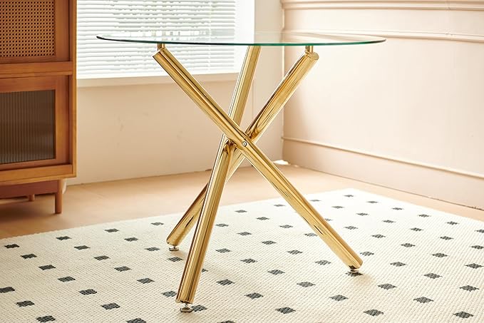 Round Glass Dining Table, Tempered Glass Tabletop and Metal Legs, Modern Style Glass Kitchen Table for Home, Kitchen, Dining Room (Gold, 36'' Round Table)