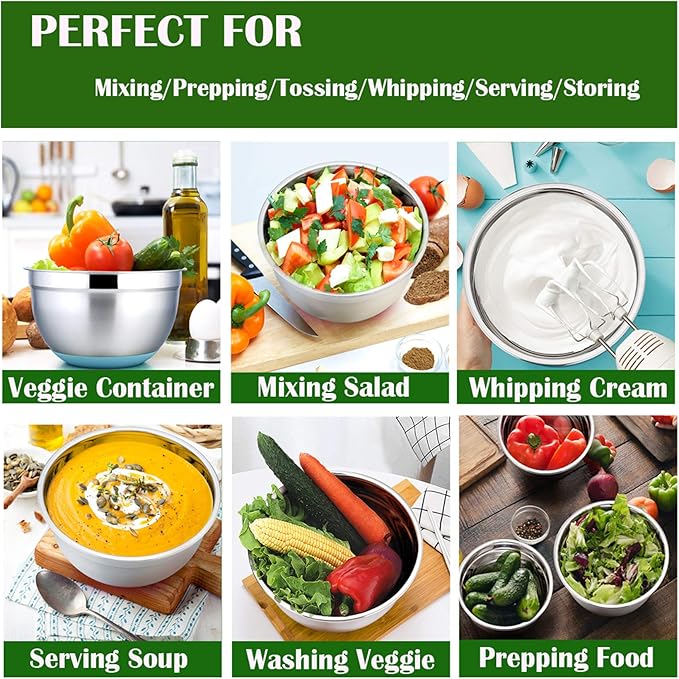 P&P CHEF Mixing Bowls with Lids Set of 5, Stainless Steel Nesting Salad Bowl with Lid & Base for Non-slip Mixing Prepping Storing Serving, 5 Sizes-7/3.5/2.5/1.5/1 QT, Multicolor