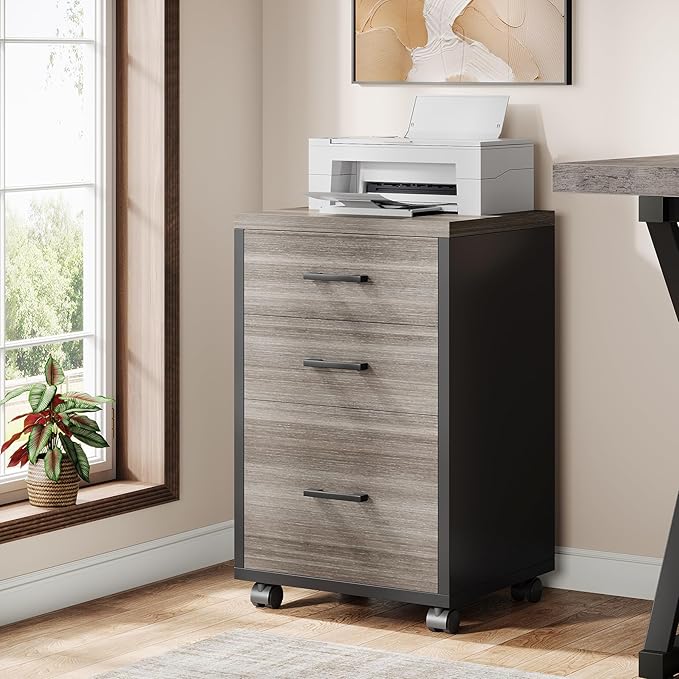 Triebsigns 3 Drawer File Cabinet, Wooden Office Filing Cabinet, Modern Rolling Printer Stand for Home Office, fits A4 or Letter Size, Under Desk (Grey)