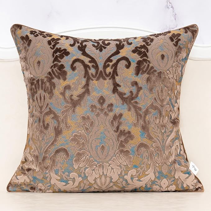 Alerfa Boho Brown Floral Throw Pillow Cover 20x20 Inch Cut Velvet Sqaure Luxury Embroidered Decorative Pillow Cover for Couch Living Room Bedroom
