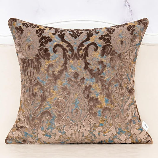 Alerfa Boho Brown Floral Throw Pillow Cover 20x20 Inch Cut Velvet Sqaure Luxury Embroidered Decorative Pillow Cover for Couch Living Room Bedroom