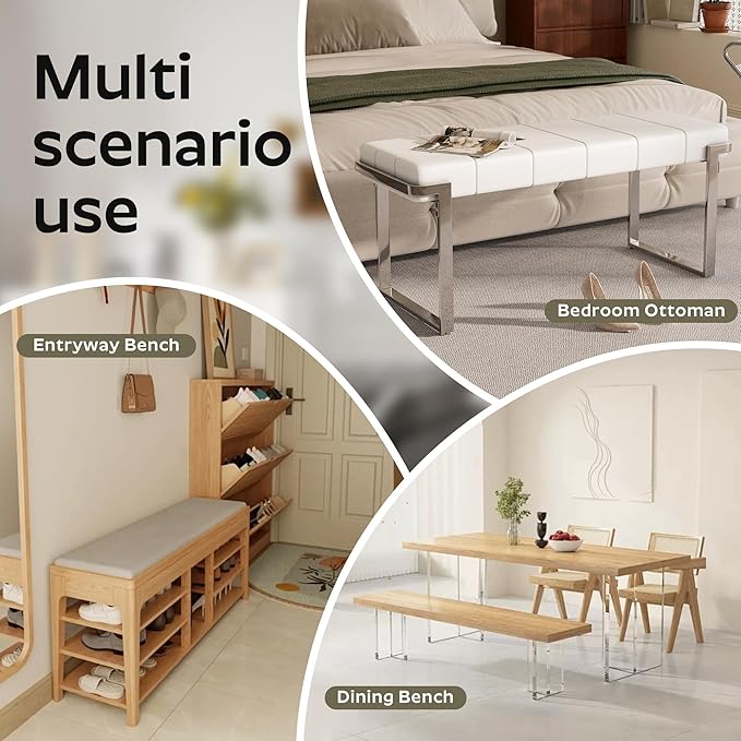 Upholstered Dining Bench, 44.29 Inch Leather Upholstered Bedroom Benches, Entryway Bench for Living Room Kitchen Dining Room(White&Silver)