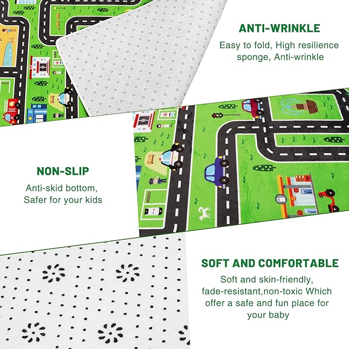 Kids Playmat Car Rug, Kids Play Rugs Town City Road Map Rug, Large Educational Car Mat, Boys Track Play Mat, Kid Rugs for Playroom Bedroom Living Room (Style 1, 59X 39.4 INCH)