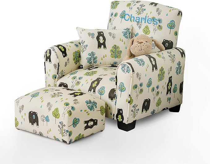 Toddler Personalized Armchair, Kids Upholstered Rocking Chair with Personalization, Toddler Chair with Personalized Name, Comfy Child Armchair, (Bears & Trees Print, Rockers)