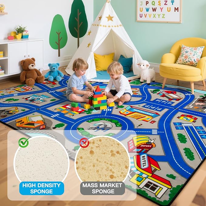 Road Car Rug, 5x7 Ft City Road Rug for Kids, Extra Thick (0.4in) Kids Floor Play Mat and Car Carpet with Realistic Colors - Perfect for Children, Soft and Non-Slip for Playroom and Bedroom