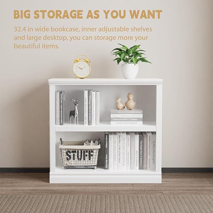 blini 2-Shelf White Bookcase Wooden Bookshelves 33in Wide Floor Standing Display Storage Shelves Oak Bookcase for Home Office, Living Room, Bed Room