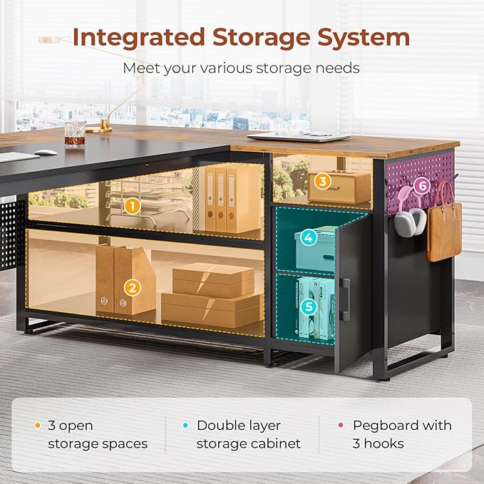 71" Executive Desk, Reversible L Shaped Desk with Mobile File Cabinet & Power Outlets, Large Office Desk with Drawers, Storage Shelves, Hooks, Corner Computer Desk for Home Office