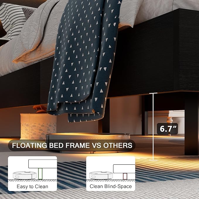 Floating Bed Frame Twin Size with Led Headboard and Charging Station, Metal Platform Bed Base with Storage, Remote Control, Heavy Slats Support, No Box Spring Needed, Noise Free, Black