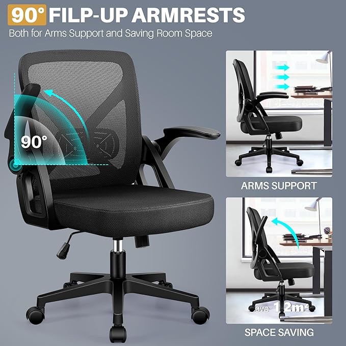 FelixKing Office Chair - Ergonomic Desk Chair Breathable Mesh Task with Wheels and Lumbar Support Home Desk Office Chairs with Flip up Armrest Rolling Swivel for Home Computer Black