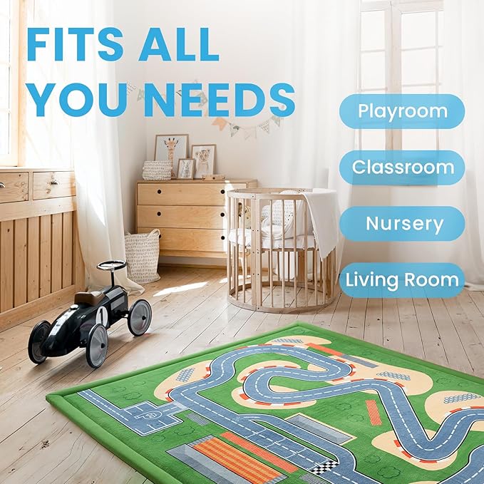 1.3" Thick Educational Baby Floor Play Mat 39x59, Basic Padded Memory Foam Kids Mat, Non-Slip Plush Playmat for Nursery Playroom Classroom (Race Track)