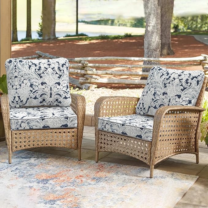 Outdoor Deep Seat Cushions Set 24 x 24 Inch for Patio Furniture,Water Resistant Chair Cushions Replacement Includes Seat Cushion & Back Pillow for Couch Sofa, Wicker Chair - Damask Lapis