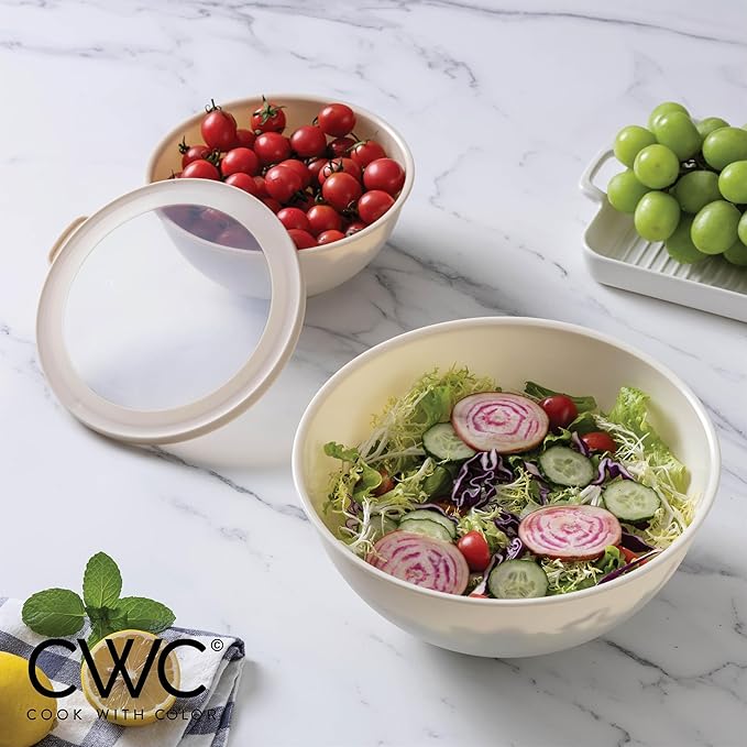 COOK WITH COLOR Mixing Bowls with TPR Lids - 12 Piece Plastic Nesting Bowls Set includes 6 Prep Bowls and 6 Lids, Microwave Safe (Brown)