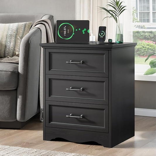 Farmhouse Nightstand with Charging Station, Black Wood Bedside Table & End Table with 3 Drawers and Unique Base Design, Side Table Storage Cabinet with Metal Handles for Bedroom, Living Room