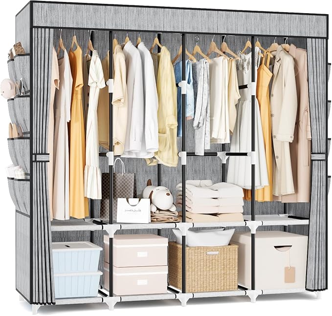 Portable Closet for Hanging Clothes, 67 Inch Wide Portable Wardrobe Closet with Cover, 4 Hanging Rod, Storage Shelves and Side Pockets, Large Free Standing Closet for Bedroom, Printing