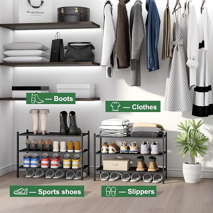 3-Tier Black Bamboo Shoe Rack for Entryway, Stackable | Foldable | Natural, Shoe Organizer for Hallway Closet, Free Standing Shoe Racks for Indoor Outdoor