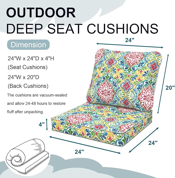 Outdoor Deep Seat Cushions Set 24 x 24 Inch for Patio Furniture,Water Resistant Chair Cushions Replacement Includes Seat Cushion & Back Pillow for Couch Sofa, Wicker Chair - Damask Red