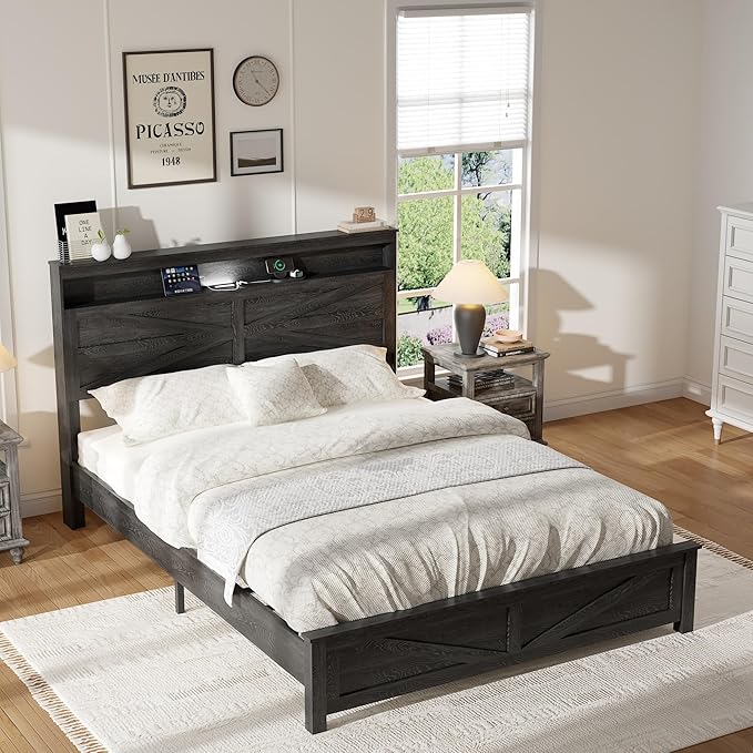 Farmhouse Wooden Bed Frame Queen Size with Storage Headboard, Boho Platform Bedframe with LED Lights and Charging Station, Metal Slats Support, No Box Spring Needed, Black