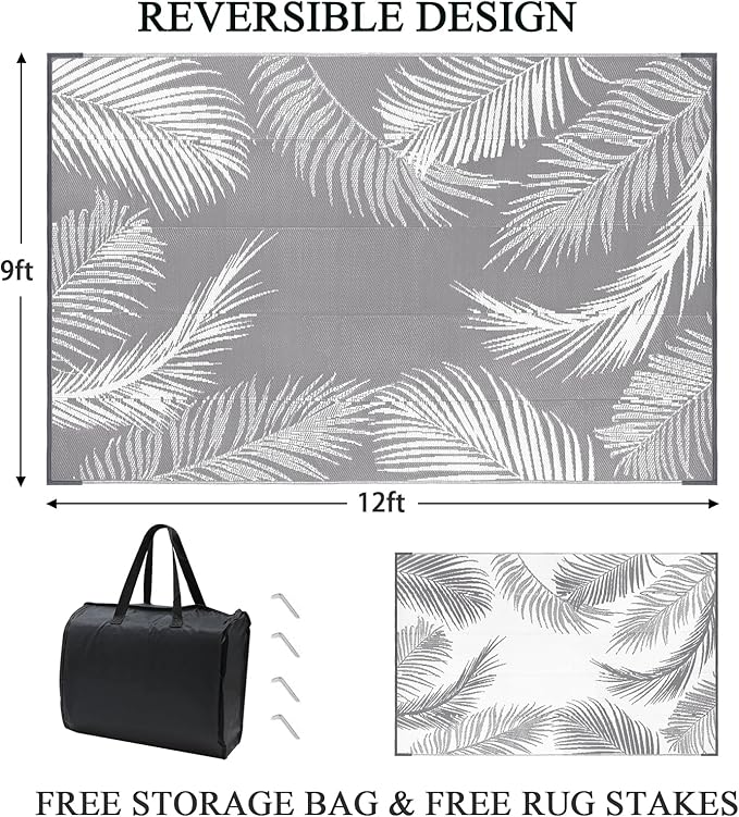 Pauwer Waterproof Outdoor Rug 9x12, Reversible Plastic Straw Patio Camping Rug, Indoor Outdoor RV Mat Carpet for Deck, Camper, Porch, Balcony, Backyard, Picnic, Leaf Grey
