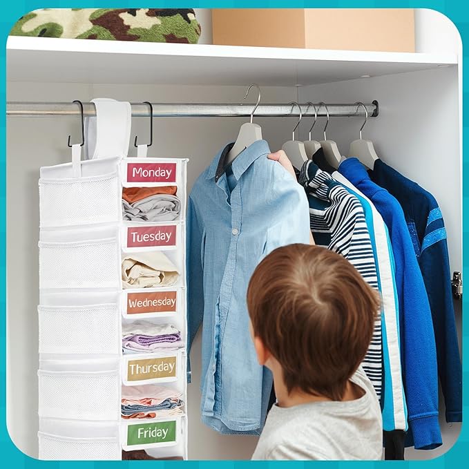 2 Pack 7 Shelf Weekly Clothes Organizer Hanging Closet for Kids with Side Pockets Weekday Shoes Rack Weekly Clothes Organizers Monday Through Weekend Foldable Storage Shelves(White)