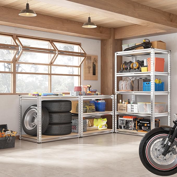 REIBII 2000LBS Storage Shelves 5 Tier Garage Shelving Heavy Duty Metal Shelving Adjustable Garage Shelves for Kitchen Pantry Basement 28" W x 13.8" D x 59.8" H, Silver