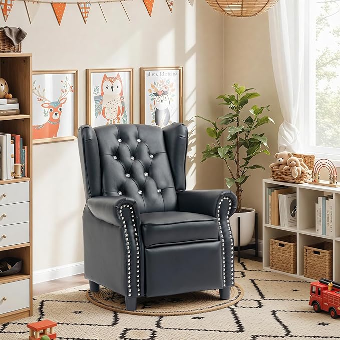 AVAWING Kids Wingback Recliner Chair with Studded Tufted Backrest & Nailhead Trim, PU Leather Kids Chair with Adjustable Backrest and Footrest, for Bedroom or Nursery (Black)