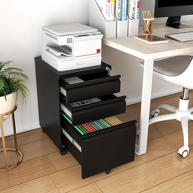 File Cabinet, Vertical File Cabinets with Lock for Home Office,Heavy Duty Office Steel Filing Cabinet for Hanging Letters/Legal/A4 (Black, 3 Drawers-Wheel)