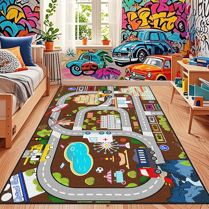 Car Rugs for Kids Toy Cars - Kids Carpet for Playroom Car Track Rug City Life Road Rug for Playroom Living Room Bedroom, 2'5''×4'
