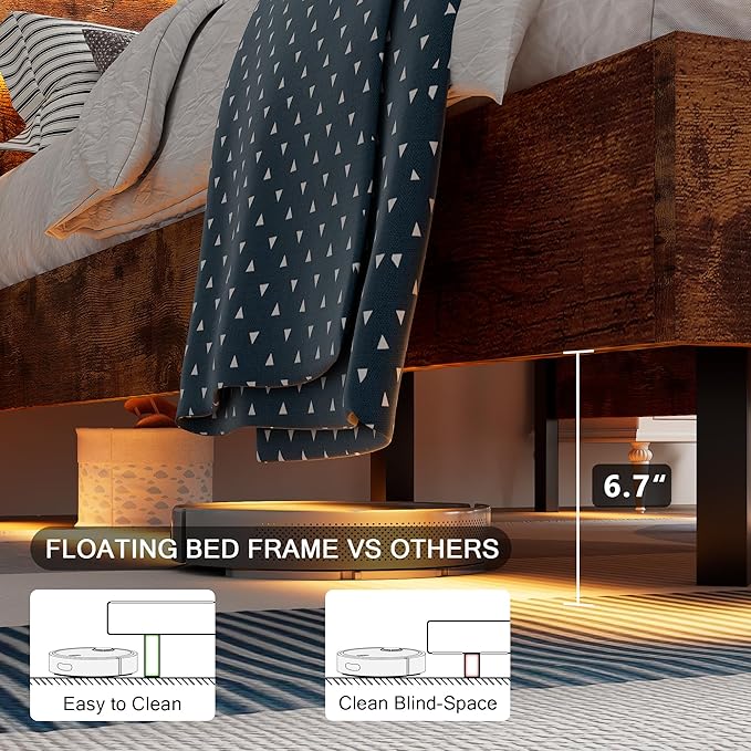 Floating Bed Frame Twin Size with Led Headboard and Charging Station, Metal Platform Bed Base with Storage, Remote Control, Heavy Slats Support, No Box Spring Needed, Noise Free, Vintage Brown