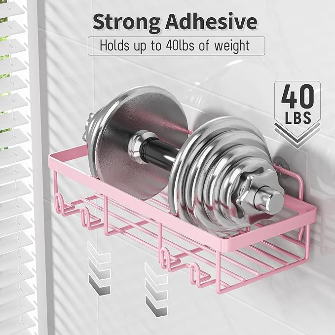 5 Pack Shower Caddy Organizer Rack Shelf for Inside Shower, Adhesive Bathroom Wall Storage Basket Rustproof Stainless Steel Shampoo Holder, Girly Bathroom Accessory Decor Set, Pink