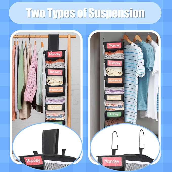 2 Pack 7 Shelf Weekly Clothes Organizer Hanging Closet for Kids with Side Pockets Weekday Shoes Rack Weekly Clothes Organizers Monday Through Weekend Foldable Storage Shelves(Black)