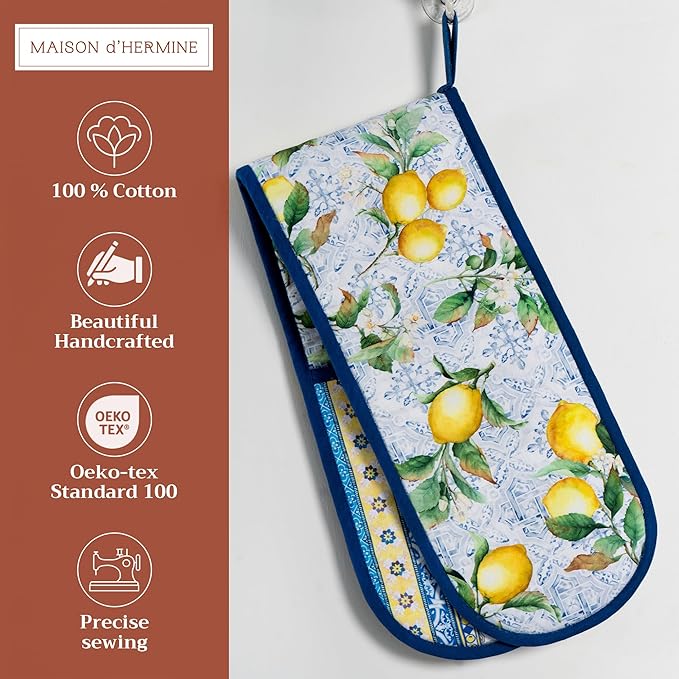 Maison d' Hermine Double Oven Mitts 100% Cotton 7"x35" Double Oven Mitt Heat Resistant BBQ Cooking Gloves with Loop, Baking, Grilling, Home, Kitchen, Handling Hot Pans Spring Summer (Citrus)