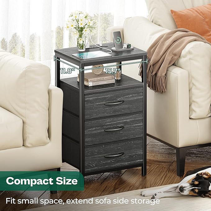 Huuger Nightstand with Charging Station, 27.6 Inch End Table Bedside Table with USB Ports and Outlets, Night Stand for Bedroom, Fabric Drawers, Charcoal Black Wood Grain Print