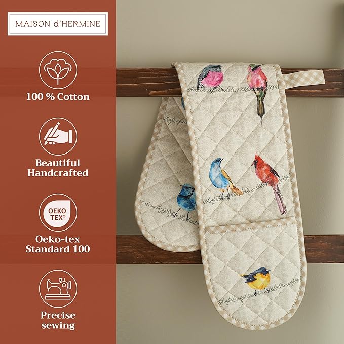 Maison d' Hermine Double Oven Mitts 100% Cotton 7"x35" Double Oven Mitt Heat Resistant BBQ Cooking Gloves with Loop, Baking, Grilling, Home, Kitchen, Handling Hot Pans Spring Summer (Birdies On Wire)