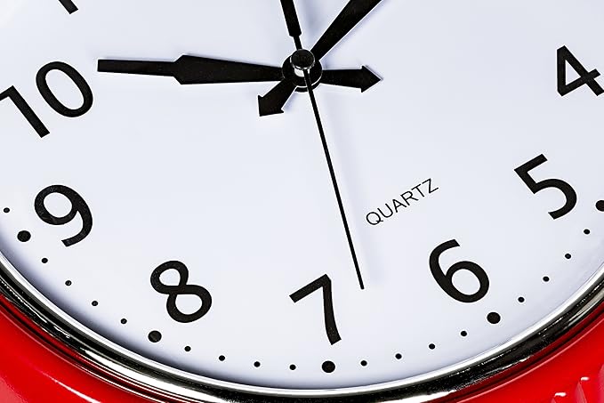 Bernhard Products Retro Wall Clock 9.5 Inch Red Kitchen 50's Vintage Design Round Silent Non Ticking Battery Operated Quality Quartz Clock