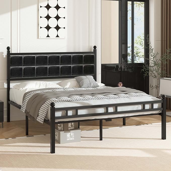 VECELO Full Metal Bed Frame, Faux PU Leather Platform Beds with Upholstered Headboard and Footboard, Strong Slats Support, 12" Underbed Storage, Noise-Free, No Boxing Spring Needed, PU Black