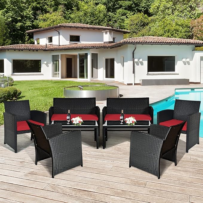 Tangkula Patio Wicker Conversation Furniture Set, Patiojoy Sofa & Table Set w/4 Seats, Outdoor Rattan Sofa Set for Balcony Backyard, Wicker Chair Set with Tempered Glass Coffee Table (2, Red)
