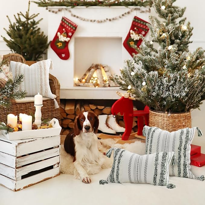 decorUhome Decorative Boho Throw Pillow Cover 18x18, Accent Neutral Textured Tufted Pillow Cover Striped for Couch Bed Sofa, Light Grey and Cream White, Pack of 1