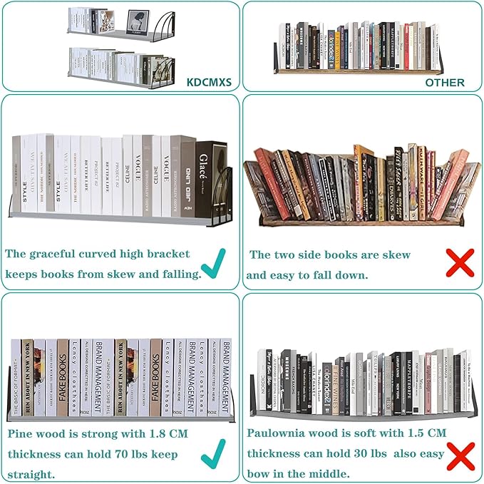 Pine Wood 23.57.87 Inch Floating Bookshelf - Elegant Grey Shelves, Wall Mounted - Set of 2