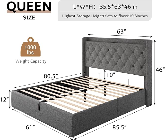 iPormis Queen Size Lift Up Storage Bed Frame with Charging Station, Upholstered Platform Bed Frame with Tufted Headboard, Hydraulic Storage, No Box Spring Needed, Noise-Free, Easy Assembly, light Grey