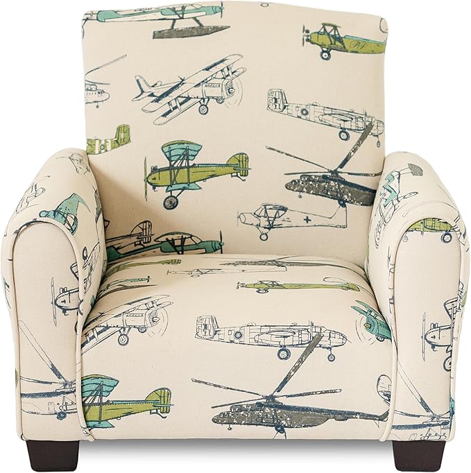 Kid Rocking Chair for Toddlers, Child Chair for Little Kids, Upholstered Toddler Armchair for Children, Comfy and Cute Little Kid Chairs (Legs, Airplanes Print)