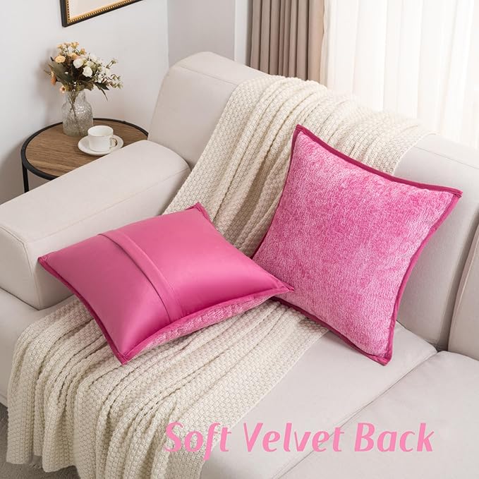 FUTEI Hot Pink Chenille Throw Pillow Covers 22x22 Inch Set of 2,Soft Cozy Bound Edge Design Cushion Case,Home Decor for Couch Bed Living Room