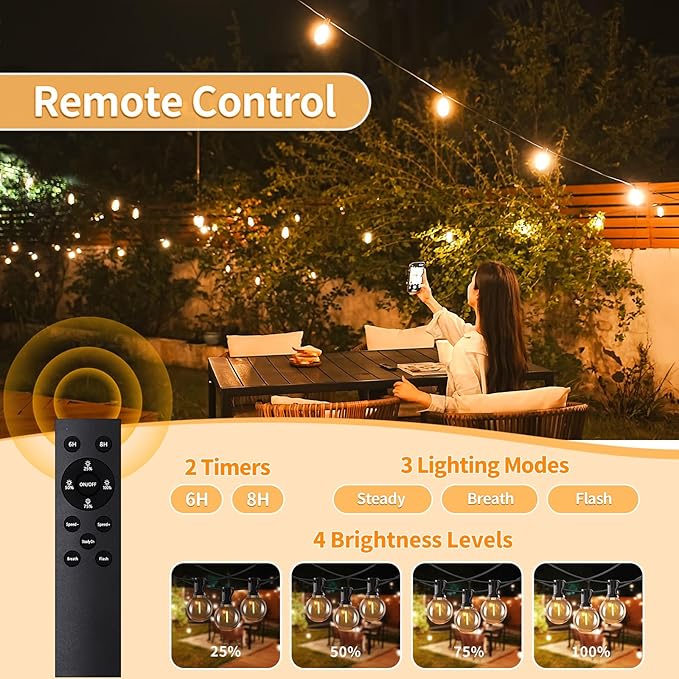 50ft LED String Lights with Remote, 25+1Bulbs Dimmable Patio Lights Outdoor, 24V Waterproof Plug, G40 Hanging Light for Outside Deck Garden Backyard Porch Party Decor